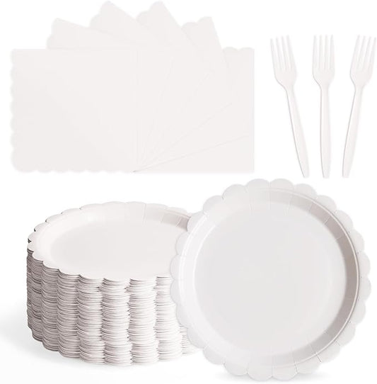105PCS Paper Plates and Napkins Set,7 Inch Scalloped Disposable Tableware with Forks for Birthdays, Garden Parties & Outdoor Events,Serves 35 (White)