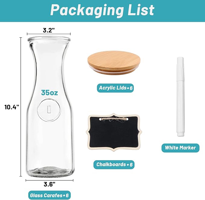 Glass Carafe with Bamboo Lid, Round 35 Oz Beverage Dispensers Carafe, Mimosa Bar Supplies, Clear Glass Pitcher with Name Labels for Iced Tea, Coffee, Juice(Set of 6)