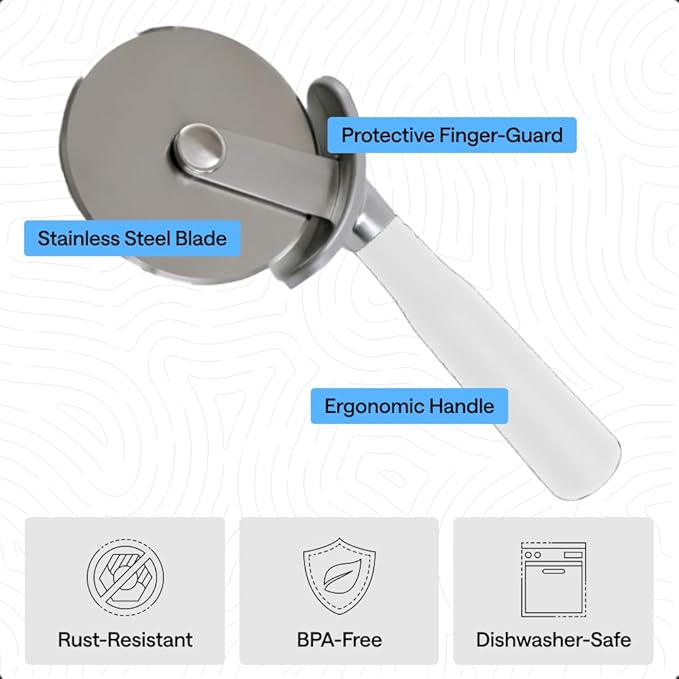 GORILLA GRIP Patented BPA-Free Large Pizza Cutter Wheel, 9 Inch, Extra Sharp Stainless Steel Blade, Slip Resistant Handle with Thumb Guard Protection, Slice Thick or Thin Pizzas, Pie, Pastries, White