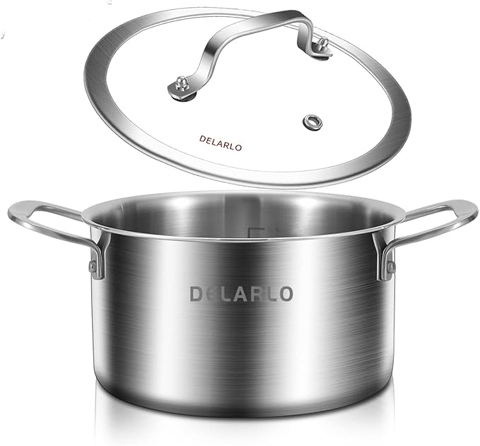 DELARLO Whole Body Tri-ply Stainless Steel Stock Pot with Lid 3.5QT, Cooking Pot Food Grade Cookware, Durable Soup Pot with Glass Lid,Suitable for All stoves, Dishwasher Safe