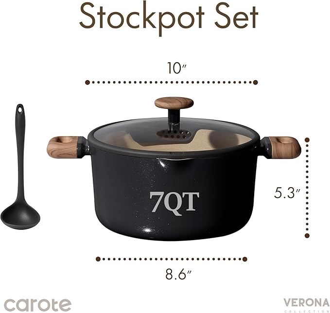 CAROTE Stock Pot with Lid, 7Quart Ceramic Soup Pot Non Toxic, Nonstick Cooking Pot for Pasta, Induction Ready, Even Heating, Dishwasher Safe, Black