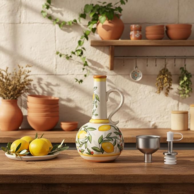 Ceramic Olive Oil Dispenser Bottle 23oz, Hand Painted Olive Oil Bottles, Decorative Stoneware Olive Oil Cruet for Kitchen with Stainless Steel Spout for Oils, Sauces, Vinegar (Llemon)