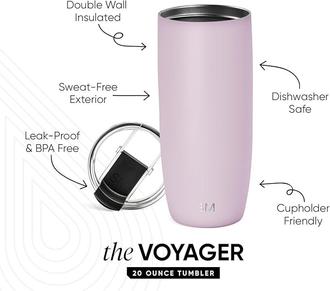 Simple Modern Voyager Tumbler with Flip Lid | Travel Coffee Mug | Insulated Stainless Steel Cold Brew Iced or Hot Coffee Cup | Gifts for Women Men Her Him | 20oz, Lavender Mist