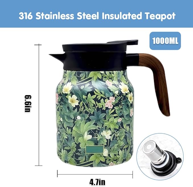 Vintage Floral Pattern Tea Pots – Built-in Infuser,Vintage Floral Teapot with Built In Infuser Stainless Steel Thermal Carafe with Lid for Hot Drinks,Green(Wooden handle,35oz)