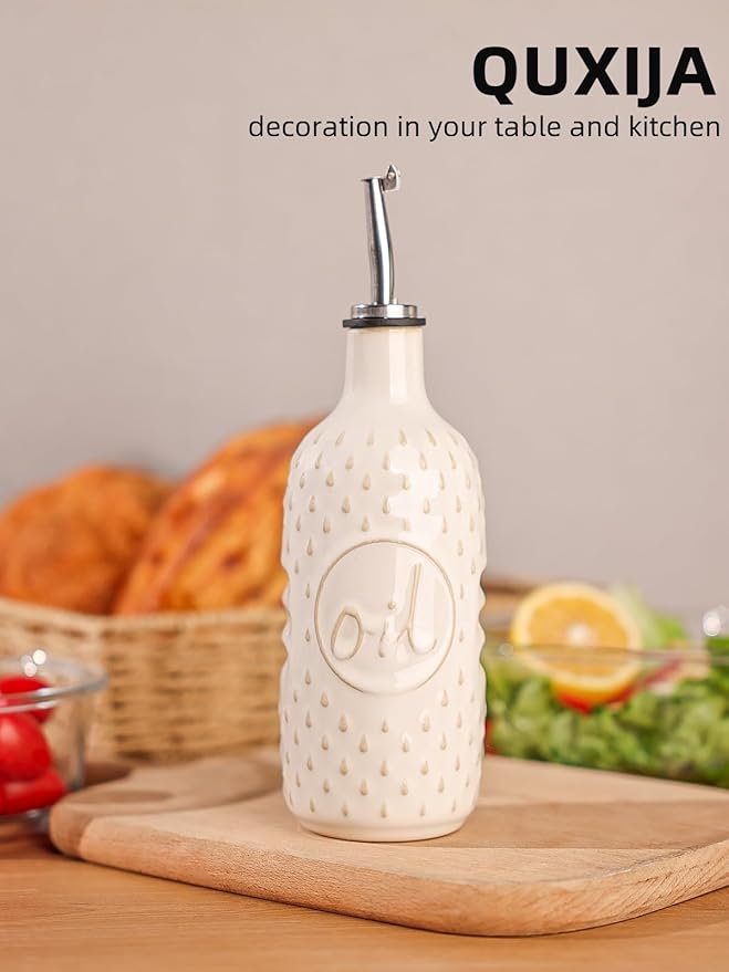 Ceramic Olive Oil Dispenser Bottle,15 Oz Oil Dispenser for Kitchen Counter,Suitable for Storage Oil, Vinegar, Coffee Syrups & Other Liquids (Vintage White)