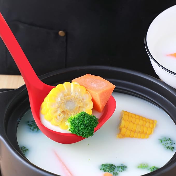12" Silicone Ladle Spoon Set of 2, Long handle soup spoons Seamless & Nonstick, Heat resistant 600 °F Kitchen Soup Ladles for Cooking.