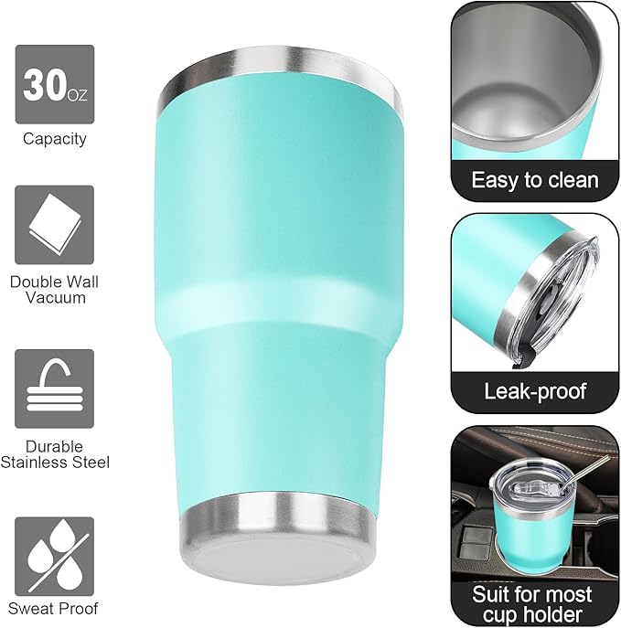 30 oz Tumbler with Lids and Straws Double Wall Vacuum Insulated Tumbler Cup,Stainless Steel Leak-proof Thermal Tumbler Powder Coated Travel Coffee Mug for Cold and Hot Drinks,Teal
