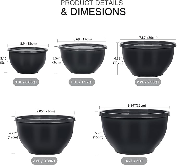 Plastic Mixing Bowls with Lids Set for Kitchen, Nesting Bowls for Mixing, Baking, Prepping, Cooking and Serving Food, Mixing Bowls Dishwasher, Microwave Safe (Dark Gray)