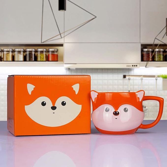 Fox Mug 14 oz Cute Ceramic Coffee Mug 3D Porcelain Tea Mug for Women Kawaii Cup Fox Gifts for Women Christmas Gifts Housewarming Holiday Birthday Gifts for Mom Kids Men Friend Orange
