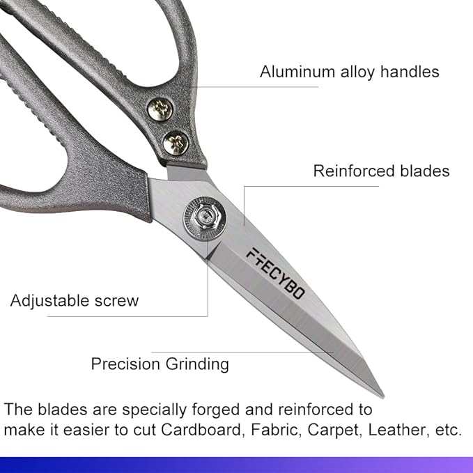 Heavy Duty Scissors 8.5'', All Purpose, Leather Scissors, Reinforced Stainless Steel Blades with Metal Handles for Home, Office, Easy Cutting Cardboard, Fabric, Carpet, Leather, etc