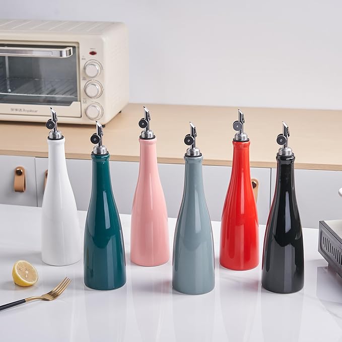 YOLIFE Olive Oil Dispenser Bottle, 20oz Ceramic Oil Dispenser for Kitchen, Oil Bottle with Gravity Spout, Leak Proof EVOO Dispensing Bottle with 2 Spouts and 1 Funnel for Vinegar, Juice(Black)