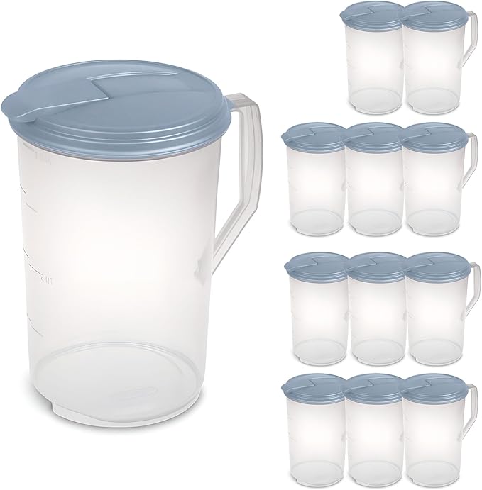 Sterilite 12 Pack 1 Gal Round Pitcher, Drink Dispenser Jug, Flip Tab Lid, Washed Blue