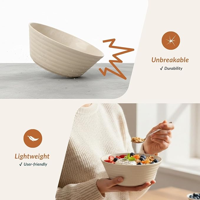Homienly Premium Wheat Straw Bowls, Unbreakable Large Cereal Bowl Set of 6, Alternative to Plastic Bowls, Microwave & Dishwasher Safe 50 OZ Big Bowl for Home, Outdoor- Beige