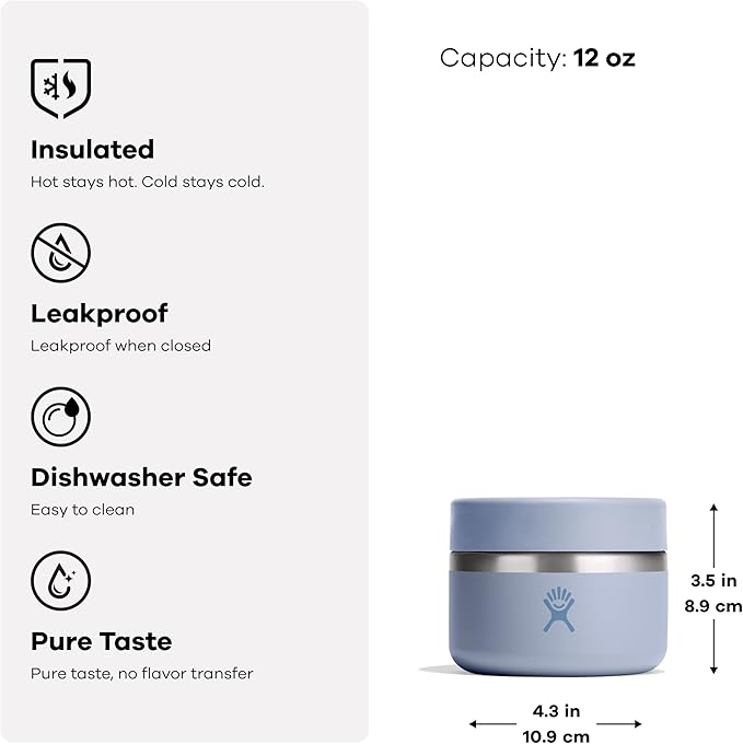 Hydro Flask Food Jar – Insulated Stainless Steel, Snack Travel Container for Hot Food, Lunch, & Soup 12 Oz Surf Blue