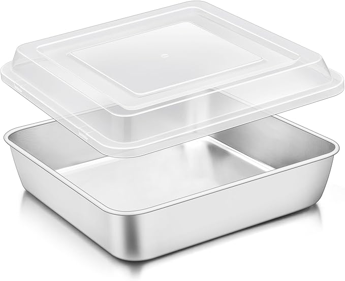 TeamFar 9 x 9 Inch Square Cake Pan, Stainless Steel Square Baking Pan with Lid for Brownie Lasagna, Non-Toxic & Heavy Duty, One Piece & Smooth, Dishwasher Safe & Easy Clean, (1 Pan + 1 Lid)