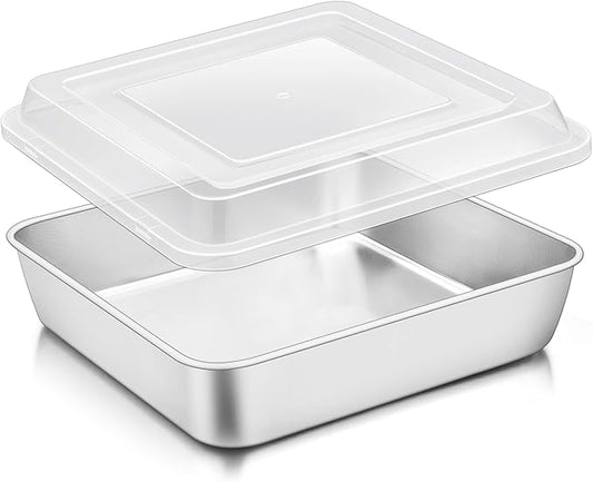 TeamFar 9 x 9 Inch Square Cake Pan, Stainless Steel Square Baking Pan with Lid for Brownie Lasagna, Non-Toxic & Heavy Duty, One Piece & Smooth, Dishwasher Safe & Easy Clean, (1 Pan + 1 Lid)