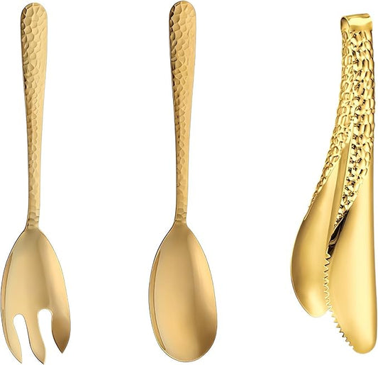 Salad Spoon and Fork Stainless Steel Tong Serving Set, Heavy Duty Hammered Finish Serving Utensils Large Salad Servers for Kitchen Party Buffet Supply (Gold)