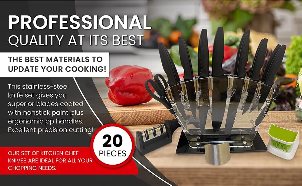 20-Piece Kitchen Knife Set with Acrylic Block, High Carbon Stainless Steel Chef Knife Set with Steak Knives, Sharpener & Scissors, Dishwasher Safe, Anti-Slip Ergonomic Handle, Black