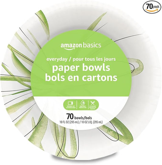 Amazon Basics Everyday Disposable Paper Bowls, 10 oz, Microwave Safe, Soak Proof, White, 70 Count