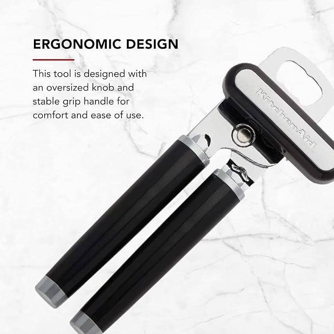 KitchenAid Classic Multifunction Can Opener and Bottle Opener Easy to Use, Razor Sharp Stainless Steel Cutting Wheel, Soft Ergonomic Handles, Black
