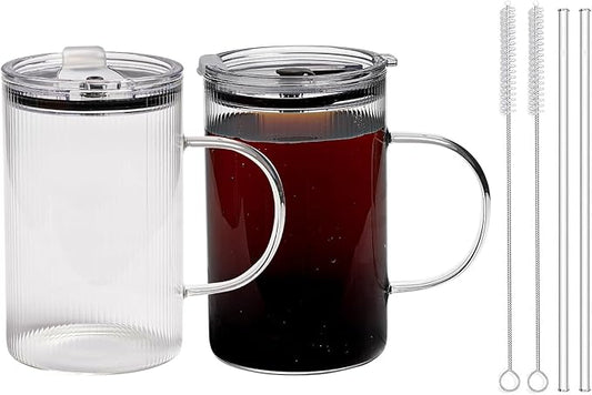 20oz Glass Tumblers with Lids and Straws - Stylish Vintage Ribbed Design for Iced Coffee, Juice, Smoothies, Milkshakes, Cold Beverages & Whiskey Cocktail Beer (Thin Inner Ridge)