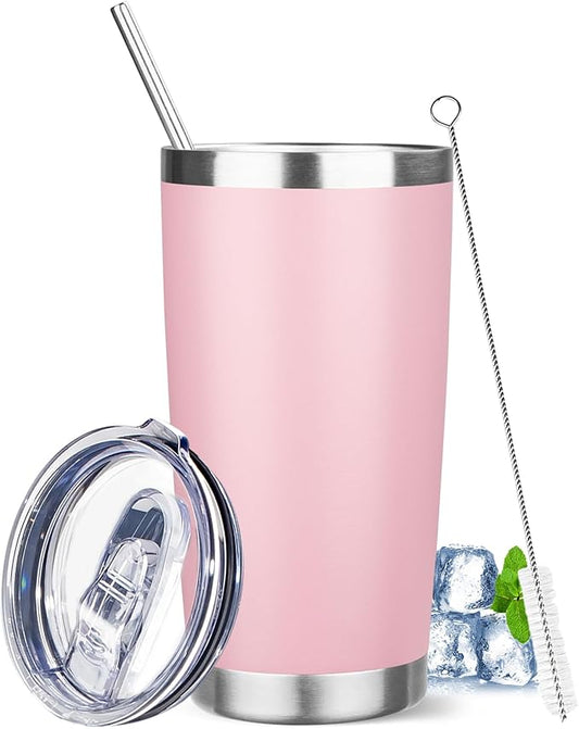20 oz Tumbler with Lids and Straws, Stainless Steel Insulated Travel Coffee Mug, Double Wall Vacuum Insulated Tumblers, Powder Coated Coffee Tumbler for Cold & Hot Drinks (Pink)