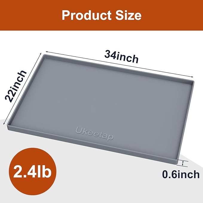 Extra Thick Silicone Mat Waterproof with Raised Edge 34" x 22", Under Sink Mat for Kitchen & Bathroom, Kitchen Cabinet Liner, Multi-Purpose for Storage & Protection, Gray