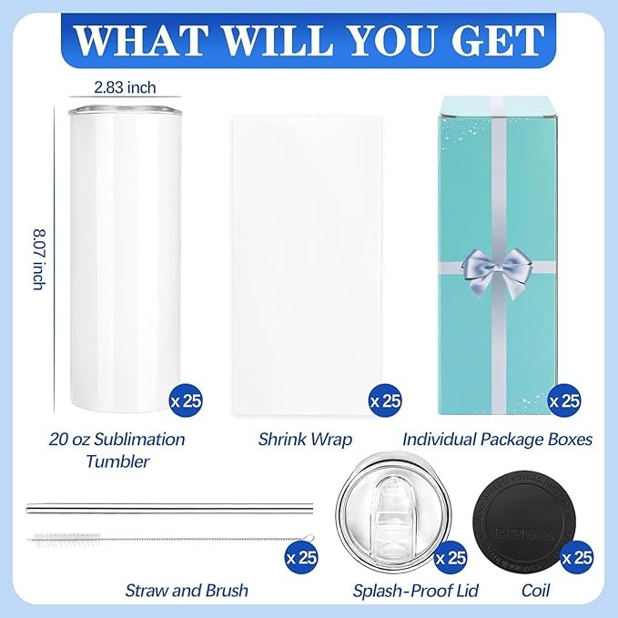 Joyclub 25 Pack Sublimation Tumblers 20 oz Sublimation Blanks Skinny Straight Flat Edge Tumbler Bulk with Lid and Straw White Cups for Heat Press