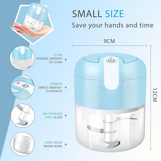 EASYSPEED Electric Garlic Chopper 1Cup, Mini USB-C Charging Food Processor, Garlic Mincer with 3 Stainless Steel Sharp Blades, Portable Kitchen Meat Grinder for Onion, Ginger, Chili, Baby Food, Blue