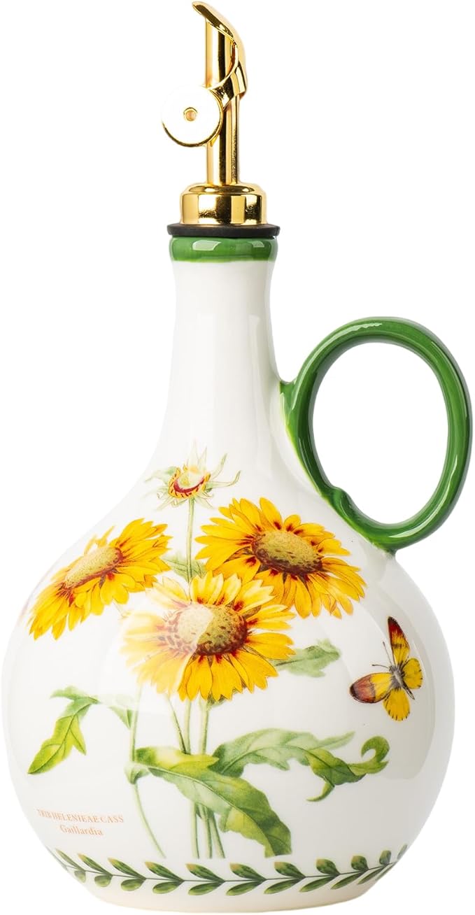 Ceramic Olive Oil Dispenser, 27 oz Floral Pattern Cruet with Auto-Close Spout, 9.45" Tall, Decorative Oil and Vinegar Bottle (sunflower)
