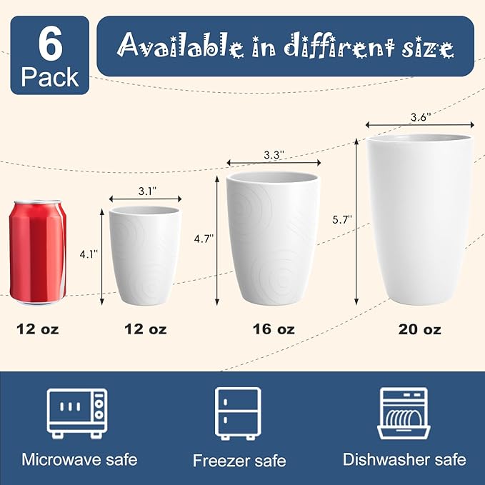 Wheat Straw Unbreakable Cup, 20 OZ Reusable Water Drinking Glasses Sets of 6, Lightweight Glass Cups, Alternative to Plastic Cups, Dishwasher Safe Tumbler for Kitchen Outdoor Camping, White