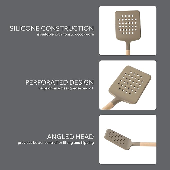 Sur La Table Kitchen Essential Chef's Toolkit Silicone Slotted Turner With Beechwood Handle - Taupe