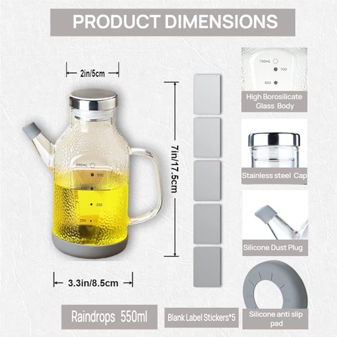 High Borosilicate Glass Oil Bottle-Olive Oil Dispenser for Kitchen-Soy Sauce and Vinegar Dispenser Bottle- Cooking Container Cruet-Oil Dispensing Bottles (Raindrops, Small/550ml)