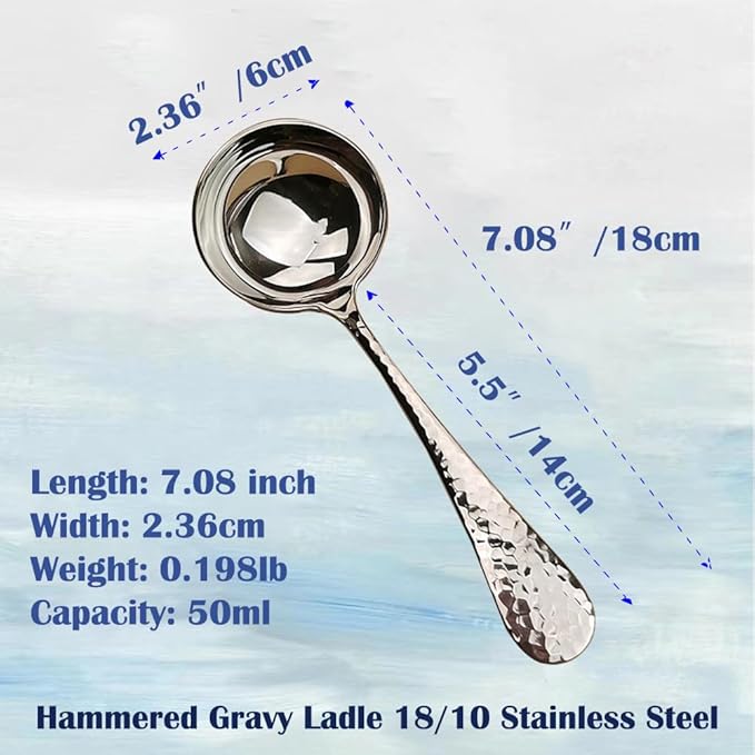 7.08 Inch Small Ladle, Premium 18/10 Stainless Steel, Hammered Gravy Ladle for Serving Soup, Sauces, Gravies, Silver