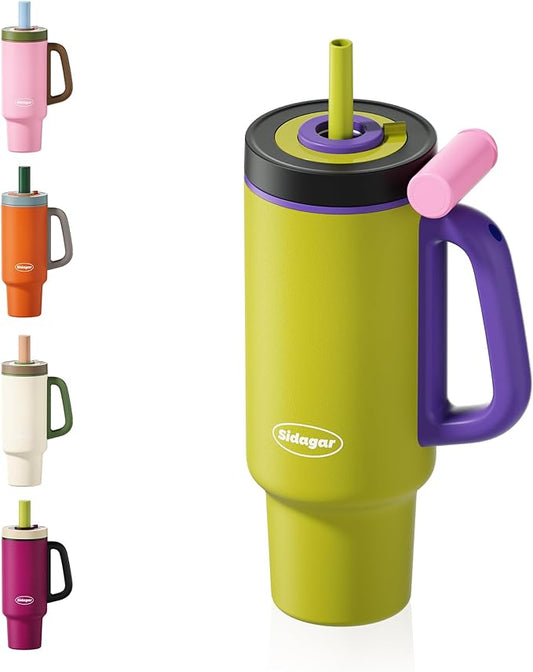 Tumbler with Handle,36 oz Ceramic Lined Travel Mug Water Bottle with Straw,Vacuum Insulated Stainless Steel Cup with Lid,Fits Cup Holder, Leak Resistant Press-in Lid,Green