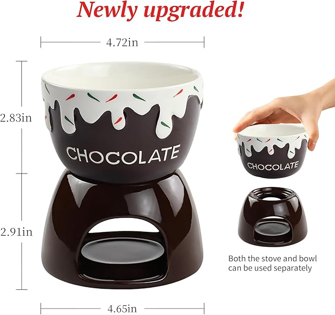 Mini Sweet Fondue Cup, Ceramic Chocolate Melting Pot and Stove Set of 2, Coffee Warmer Mug, Portable for Cheese, Butter Melting Dipping Tool for Marshmallows/Fruits for Camping/Date/Movie Night/Party