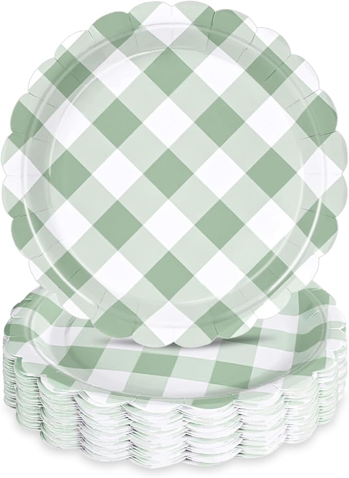 48 Pcs 7" Green Gingham Paper Plates Light Green & White Scalloped Checkered Party Plates, Pastel Plaid Dessert Table Supplies for BBQ Gathering Picnic Baby Shower Birthday Dinner Party Tableware