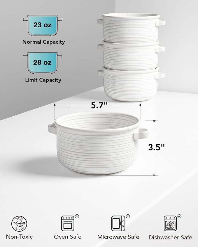 LE TAUCI Soup Bowls with Handles - 28 oz Lead-Free Ceramic French Onion Crocks, Oven and Microwave Safe, Heat-Resistant Design, Stackable, Dishwasher Safe, Set of 4, White