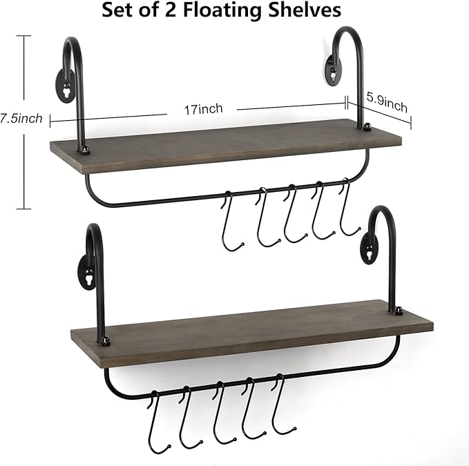 Olakee Coffee Mug Cup Holder Wall Mount, Floating Wall Shelves for Coffee Bar Organizer and Decor, Mug Rack Shelf with 10 Hooks for Kitchen Bathroom Accessories Storage Set of 2 (Weathered Grey)