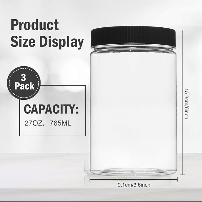 27 Ounce Plastic Jars with Lids, 3 Pack Food Storage Containers Airtight, Clear Containers for Organizing