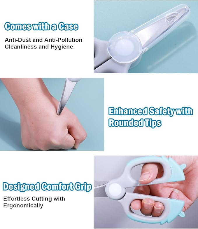 Baby Food Scissors Kicthen Shears - Healthy Portable Cute Kitchen Scissors with Dust Cover and Storage Travel Case - Ideal for Cutting Meat, Chicken, Vegetables, Fruits(Bee Blue+Panda Pink)