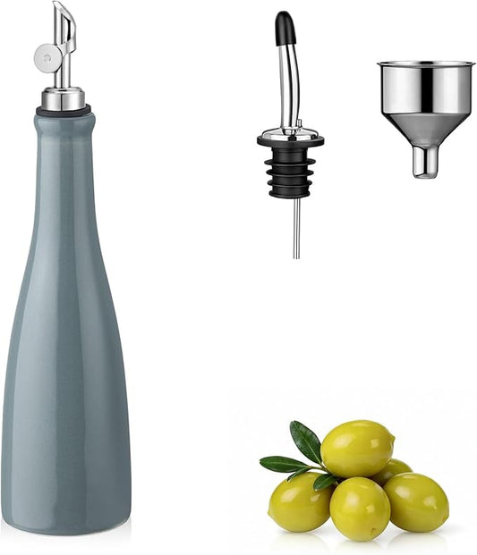 YOLIFE Olive Oil Dispenser Bottle, 16oz Ceramic Oil Dispenser for Kitchen, Oil Bottle with Gravity Spout, Leak Proof EVOO Dispensing Bottle with 2 Spouts and 1 Funnel for Vinegar, Juice(Gray)