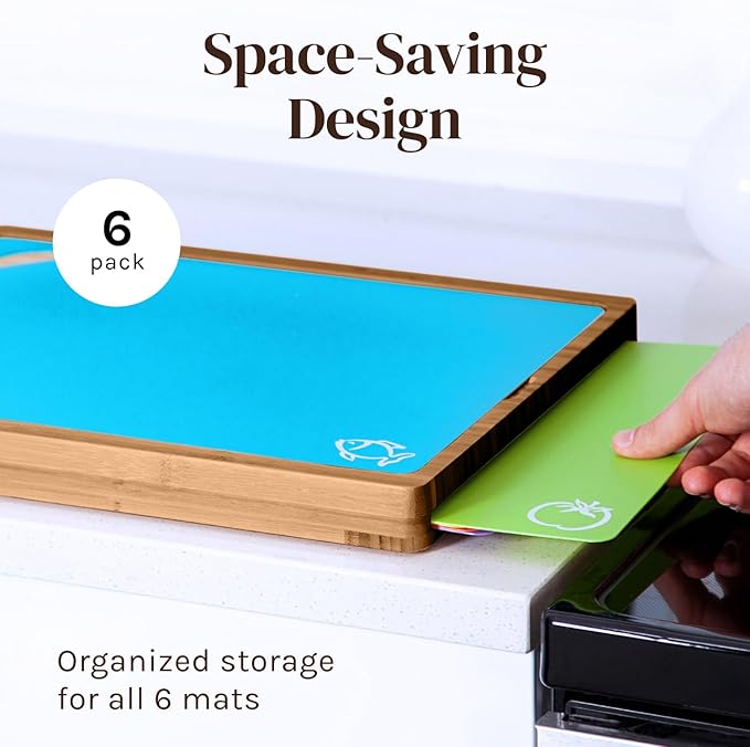 Cooler Kitchen Cutting Boards for Kitchen - Checkered Bamboo Cutting Board Set with 6 Color-Coded Flexible Chopping Mats, Easy Clean Wood and Dishwasher-Safe Plastic, Large 17x12, Knife-Friendly