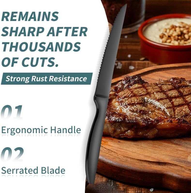 Black Steak Knives Set of 6, Stainless Steel Serrated Kitchen Steak Knives