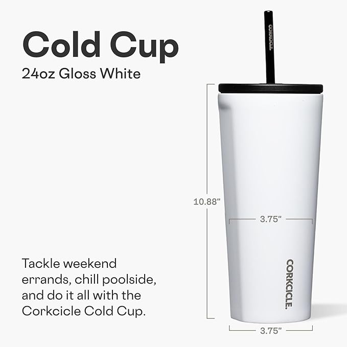 Corkcicle Cold Cup Insulated Tumbler with Straw - Keeps Drinks Cold for 12 Hours - Triple-Insulated Stainless Steel - Leak-Resistant Lid - Summer Drinkware Gift - 24 oz - Gloss White