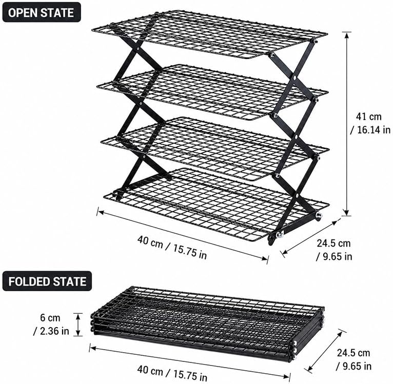 4 Tier Collapsible Cooling Rack, 3-Setting Adjustable Stackable Baking Rack, Foldable Metal Wire Cooling Stand for Cookies, Bread, Pastry, Outdoor Picnic Food Display, Baking Supplies