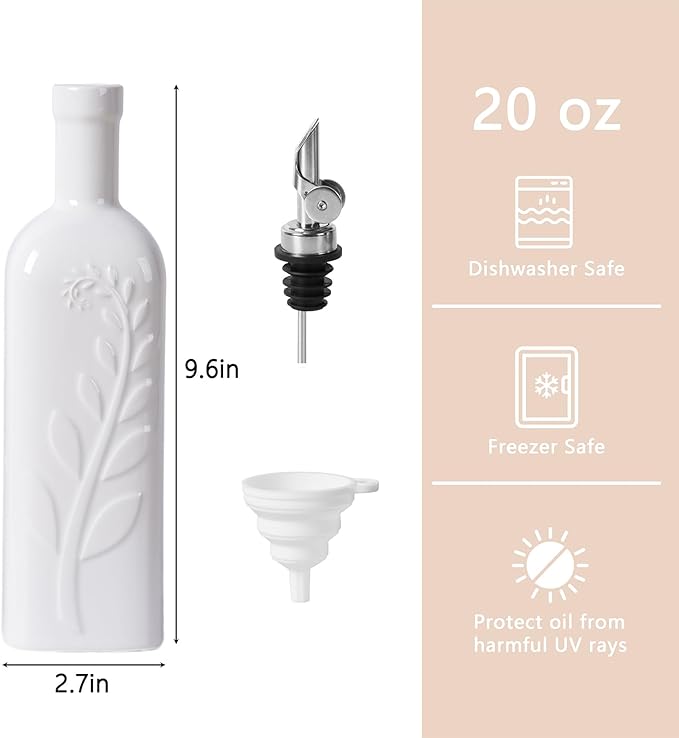20 Oz Olive Oil Dispenser Bottle with Spout, Ceramic Large Oil Dispenser for Kitchen, Relief Opaque Oil Cruet Vinegar Container Suitable for Storage Oil, Vinegar, Soy Sauce for Housewarming Gifts