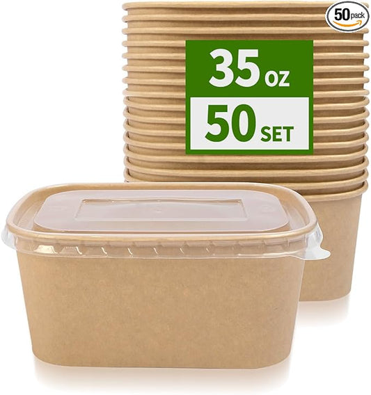50 Pack 35 oz Paper Food Containers with Lids, Microwavable and Freezer Use Paper Meal Prep Containers Disposable Food Prep and Take Out Food Containers, 50 Bowls 50 Lids