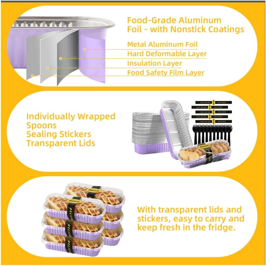 Lavender Purple Mini Loaf Pans with Lids & Spoons, 30 Count 6.8oz Disposable Aluminum Foil Cake Pans, Mini Cake Containers & Baking Tins for Desserts, Party Favors, Baking & Gift Packaging