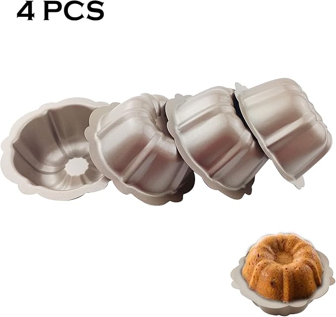 4 Inch Nonstick Mini Fluted Cake Pan, Set of 4 for Baking, Carbon Steel Fluted Cake Pans, Metal Round Pumpkin Shaped Baking Mould for Cupcake, Muffin, Brownie, Pudding - Gold